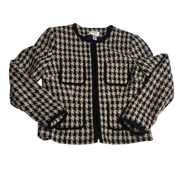 Talbots Houndstooth Tweed Blazer Skirt Set Sz 4 Wool Blend Pockets Zipper Front - Picture 2 of 12